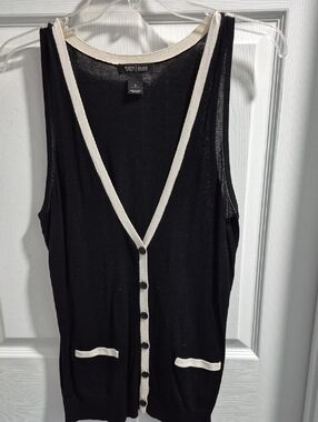 White House Black Market Black Sleeveless Knit Vest with Cream Trim